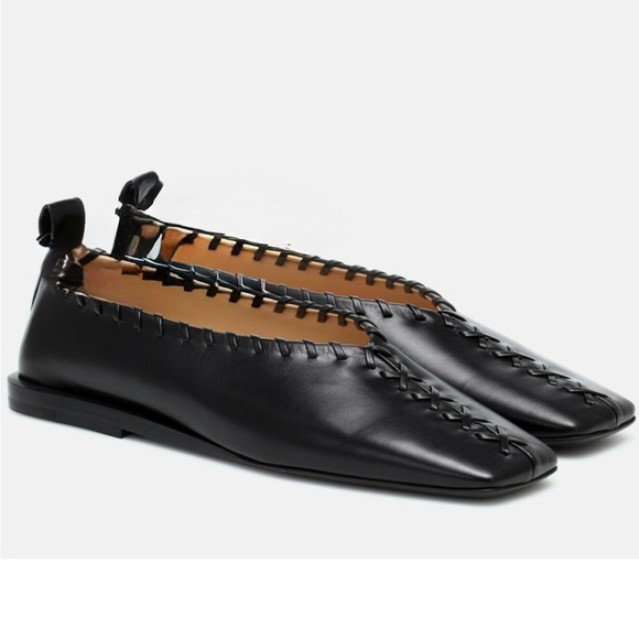 Jil Sander Shoes - JIL SANDER Black Ring whipstitch-trimmed leather ballet flats Size 9